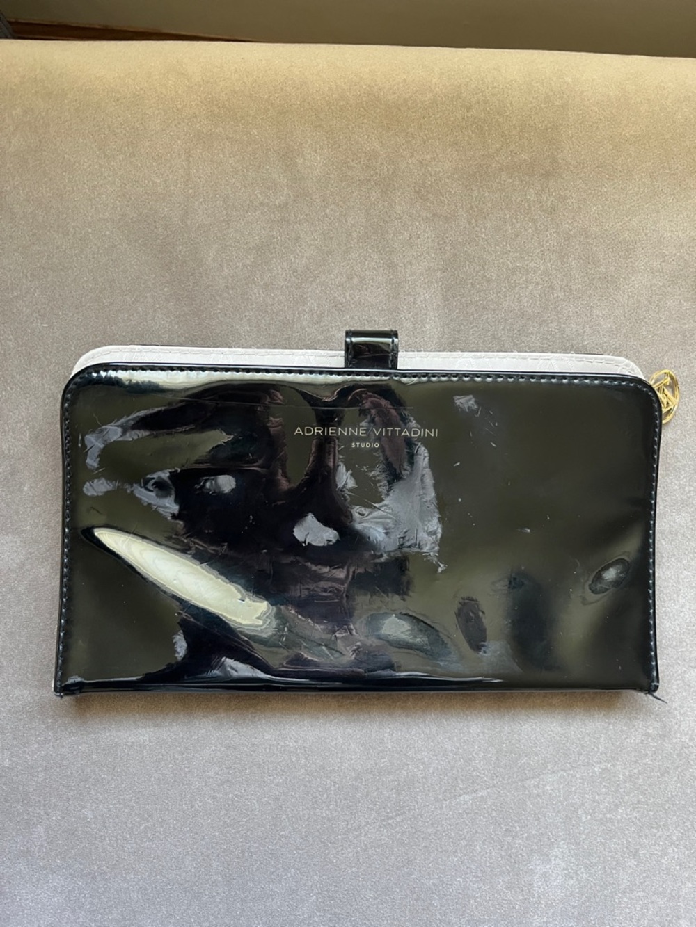 Adrienne Vittadini Glossy Black Wallet Clutch with Gold Tone Accent